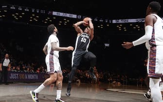 BROOKLYN, NY - MARCH 6: DeMar DeRozan #10 of the San Antonio Spurs shoots the ball during the game against the Brooklyn Nets on March 6, 2020 at Barclays Center in Brooklyn, New York. NOTE TO USER: User expressly acknowledges and agrees that, by downloading and or using this Photograph, user is consenting to the terms and conditions of the Getty Images License Agreement. Mandatory Copyright Notice: Copyright 2020 NBAE (Photo by Nathaniel S. Butler/NBAE via Getty Images)