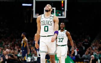 1210891026 BOSTON, MASSACHUSETTS - MARCH 06: Jayson Tatum #0 of the Boston Celtics reacts during the third quarter of the game against the Utah Jazz at TD Garden on March 06, 2020 in Boston, Massachusetts. NOTE TO USER: User expressly acknowledges and agrees that, by downloading and or using this photograph, User is consenting to the terms and conditions of the Getty Images License Agreement. (Photo by Omar Rawlings/Getty Images)