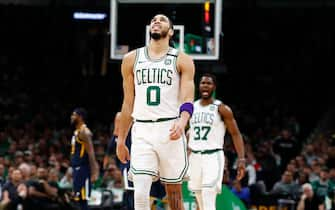 BOSTON, MASSACHUSETTS - MARCH 06: Jayson Tatum #0 of the Boston Celtics reacts during the third quarter of the game against the Utah Jazz at TD Garden on March 06, 2020 in Boston, Massachusetts. NOTE TO USER: User expressly acknowledges and agrees that, by downloading and or using this photograph, User is consenting to the terms and conditions of the Getty Images License Agreement. (Photo by Omar Rawlings/Getty Images)