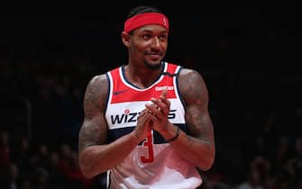 WASHINGTON, DC - MARCH 6: Bradley Beal #3 of the Washington Wizards reacts to a play during the game against the Atlanta Hawks on March 6, 2020 at Capital One Arena in Washington, DC. NOTE TO USER: User expressly acknowledges and agrees that, by downloading and or using this Photograph, user is consenting to the terms and conditions of the Getty Images License Agreement. Mandatory Copyright Notice: Copyright 2020 NBAE (Photo by Ned Dishman/NBAE via Getty Images)