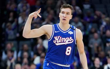 SACRAMENTO, CALIFORNIA - MARCH 05: Bogdan Bogdanovic #8 of the Sacramento Kings reacts after he made a three-point shot against the Philadelphia 76ers during the second half of an NBA basketball game at Golden 1 Center on March 05, 2020 in Sacramento, California. NOTE TO USER: User expressly acknowledges and agrees that, by downloading and or using this photograph, User is consenting to the terms and conditions of the Getty Images License Agreement. (Photo by Thearon W. Henderson/Getty Images)
