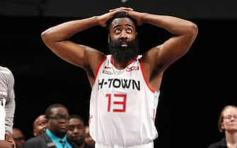 CHARLOTTE, NC - MARCH 7: James Harden #13 of the Houston Rockets looks on during the game against the Charlotte Hornets on March 7, 2020 at Spectrum Center in Charlotte, North Carolina. NOTE TO USER: User expressly acknowledges and agrees that, by downloading and or using this photograph, User is consenting to the terms and conditions of the Getty Images License Agreement. Mandatory Copyright Notice: Copyright 2020 NBAE (Photo by Kent Smith/NBAE via Getty Images) 
