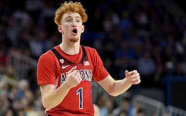 LOS ANGELES, CA - FEBRUARY 29: Nico Mannion #1 of the Arizona Wildcats instructs the offense during the game against the UCLA Bruins at Pauley Pavilion on February 29, 2020 in Los Angeles, California. The UCLA Bruins defeated the Arizona Wildcats 69-64.  (Photo by Jayne Kamin-Oncea/Getty Images)