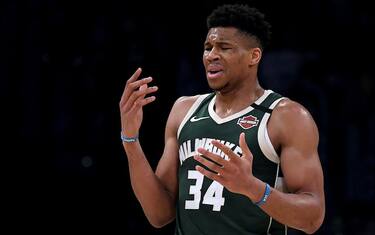 LOS ANGELES, CALIFORNIA - MARCH 06:  Giannis Antetokounmpo #34 of the Milwaukee Bucks reacts as he is called for a foul during the third quarter against the Los Angeles Lakers at Staples Center on March 06, 2020 in Los Angeles, California.  NOTE TO USER: User expressly acknowledges and agrees that, by downloading and or using this photograph, User is consenting to the terms and conditions of the Getty Images License Agreement.  (Photo by Harry How/Getty Images)