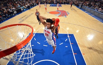 NEW YORK, NY - MARCH 8: Christian Wood #35 of the Detroit Pistons dunks the ball during the game against the New York Knicks on March 8, 2020 at Madison Square Garden in New York City, New York.  NOTE TO USER: User expressly acknowledges and agrees that, by downloading and or using this photograph, User is consenting to the terms and conditions of the Getty Images License Agreement. Mandatory Copyright Notice: Copyright 2020 NBAE  (Photo by Jesse D. Garrabrant/NBAE via Getty Images)
