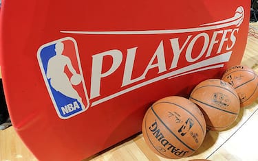 HOUSTON, TX - MAY 12: The NBA Playoffs logo and Official Spalding Balls before a game between the Los Angeles Clippers and Houston Rockets in Game Five of the Western Conference Semifinals during the 2015 NBA Playoffs on May 12, 2015 at the Toyota Center in Houston, Texas. NOTE TO USER: User expressly acknowledges and agrees that, by downloading and or using this photograph, User is consenting to the terms and conditions of the Getty Images License Agreement. Mandatory Copyright Notice: Copyright 2015 NBAE (Photo by Andrew D. Bernstein/NBAE via Getty Images)