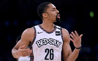LOS ANGELES, CALIFORNIA - MARCH 10:  Spencer Dinwiddie #26 of the Brooklyn Nets reacts to his offensive foul during a 104-102 win over the Los Angeles Lakers at Staples Center on March 10, 2020 in Los Angeles, California. (Photo by Harry How/Getty Images)  NOTE TO USER: User expressly acknowledges and agrees that, by downloading and or using this photograph, User is consenting to the terms and conditions of the Getty Images License Agreement.