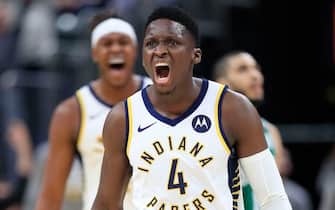 INDIANAPOLIS, INDIANA - MARCH 10:  Victor Oladipo #4 of the Indiana Pacers celebrates in the game against the Boston Celtics at Bankers Life Fieldhouse on March 10, 2020 in Indianapolis, Indiana.    NOTE TO USER: User expressly acknowledges and agrees that, by downloading and or using this photograph, User is consenting to the terms and conditions of the Getty Images License Agreement. (Photo by Andy Lyons/Getty Images)