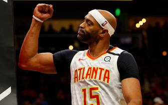ATLANTA, GEORGIA - MARCH 02:  Vince Carter #15 of the Atlanta Hawks reacts in the second half against the Memphis Grizzlies at State Farm Arena on March 02, 2020 in Atlanta, Georgia.  NOTE TO USER: User expressly acknowledges and agrees that, by downloading and/or using this photograph, user is consenting to the terms and conditions of the Getty Images License Agreement.  (Photo by Kevin C. Cox/Getty Images)