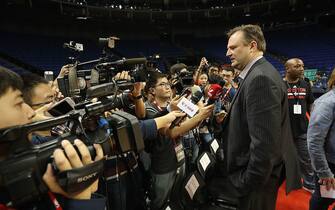 SHANGHAI, CHINA - OCTOBER 8: General Manager Daryl Morey of the Houston Rockets speaks to the media after the Special Olympics NBA Cares Clinic as part of the 2016 Global Games - China at Mercedes Benz Arena on October 8, 2016 in Shanghai, China. NOTE TO USER: User expressly acknowledges and agrees that, by downloading and/or using this photograph, user is consenting to the terms and conditions of the Getty Images License Agreement.  Mandatory Copyright Notice: Copyright 2016 NBAE (Photo by Joe Murphy/NBAE via Getty Images)