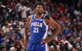 PHILADELPHIA, PA - MARCH 11: Joel Embiid #21 of the Philadelphia 76ers looks on during the game against the Detroit Pistons on March 11, 2020 at the Wells Fargo Center in Philadelphia, Pennsylvania. NOTE TO USER: User expressly acknowledges and agrees that, by downloading and/or using this Photograph, user is consenting to the terms and conditions of the Getty Images License Agreement. Mandatory Copyright Notice: Copyright 2020 NBAE (Photo by David Dow/NBAE via Getty Images)