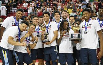 LAS VEGAS, NEVADA - JULY 15:  The Memphis Grizzlies celebrate the team's 95-92 victory over the Minnesota Timberwolves to win the championship game of the 2019 NBA Summer League at the Thomas & Mack Center on July 15, 2019 in Las Vegas, Nevada. NOTE TO USER: User expressly acknowledges and agrees that, by downloading and or using this photograph, User is consenting to the terms and conditions of the Getty Images License Agreement.  (Photo by Ethan Miller/Getty Images)