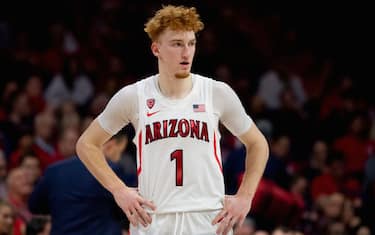 TUCSON, ARIZONA - DECEMBER 14: Nico Mannion #1 of the Arizona Wildcats reacts on the court in the second half against the Gonzaga Bulldogs at McKale Center on December 14, 2019 in Tucson, Arizona. The Gonzaga Bulldogs won 84 - 80. (Photo by Jennifer Stewart/Getty Images)