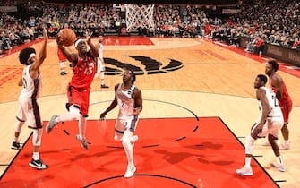 1200210958 TORONTO, CANADA - FEBRUARY 8: Pascal Siakam #43 of the Toronto Raptors drives to the basket against the Brooklyn Nets on February 8, 2020 at the Scotiabank Arena in Toronto, Ontario, Canada. NOTE TO USER: User expressly acknowledges and agrees that, by downloading and or using this Photograph, user is consenting to the terms and conditions of the Getty Images License Agreement. Mandatory Copyright Notice: Copyright 2020 NBAE (Photo by Ron Turenne/NBAE via Getty Images)