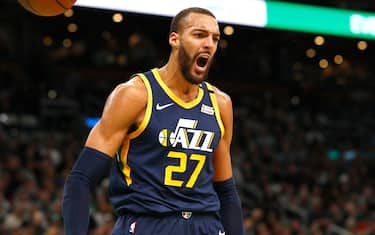 BOSTON, MASSACHUSETTS - MARCH 06: Rudy Gobert #27 of the Utah Jazz reacts after dunking during the third quarter of the game against the Boston Celtics at TD Garden on March 06, 2020 in Boston, Massachusetts. NOTE TO USER: User expressly acknowledges and agrees that, by downloading and or using this photograph, User is consenting to the terms and conditions of the Getty Images License Agreement. (Photo by Omar Rawlings/Getty Images)