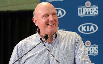 LOS ANGELES, CA - JULY 24: Owner Steve Ballmer of the LA Clippers talks at the LA Clippers Introductory Press Conference at Green Meadows Recreation Center on July 24, 2019 in Los Angeles, California. NOTE TO USER: User expressly acknowledges and agrees that, by downloading and/or using this Photograph, user is consenting to the terms and conditions of the Getty Images License Agreement. Mandatory Copyright Notice: Copyright 2019 NBAE (Photo by Andrew D. Bernstein/NBAE via Getty Images) 