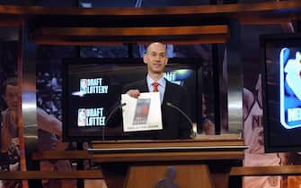 SECAUCUS, NJ - MAY 22: Deputy Commissioner of the NBA Adam Silver holds the card for the Portland Trail Blazers who are awarded the number one overall pick during the 2007 NBA Draft Lottery on May 22, 2007 at the NBATV Studios in Secaucus, New Jersey.  NOTE TO USER: User expressly acknowledges and agrees that, by downloading and/or using this Photograph, user is consenting to the terms and conditions of the Getty Images License Agreement. Mandatory Copyright Notice: Copyright 2007 NBAE (Photo by Jennifer Pottheiser/NBAE via Getty Images)