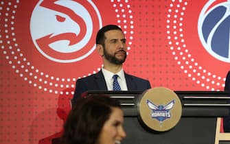 1143937772 CHICAGO, IL - MAY 14: James Borrego of the Charlotte Hornets sits on stage during the 2019 NBA Draft Lottery on May 14, 2019 at the Chicago Hilton in Chicago, Illinois. NOTE TO USER: User expressly acknowledges and agrees that, by downloading and/or using this photograph, user is consenting to the terms and conditions of the Getty Images License Agreement. Mandatory Copyright Notice: Copyright 2019 NBAE (Photo by Gary Dineen/NBAE via Getty Images)