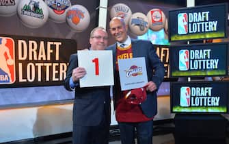 492485509 NEW YORK - MAY 20: General Manager David Griffin and Jeff Cohen, Chairman of the Cleveland Cavaliers celebrates winning the 2014 NBA Draft Lottery on May 20, 2014 at the ABC News' 'Good Morning America' Times Square Studio in New York City. NOTE TO USER: User expressly acknowledges and agrees that, by downloading and/or using this photograph, user is consenting to the terms and conditions of the Getty Images License Agreement. Mandatory Copyright Notice: Copyright 2014 NBAE (Photo by Jesse D. Garrabrant/NBAE via Getty Images)