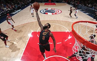 WASHINGTON, DC - FEBRUARY 21: Andre Drummond #3 of the Cleveland Cavaliers grabs the rebound against the Washington Wizards on February 21, 2020 at Capital One Arena in Washington, DC. NOTE TO USER: User expressly acknowledges and agrees that, by downloading and or using this Photograph, user is consenting to the terms and conditions of the Getty Images License Agreement. Mandatory Copyright Notice: Copyright 2020 NBAE (Photo by Ned Dishman/NBAE via Getty Images)