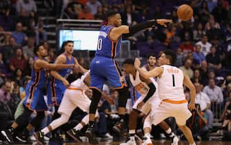 during the second half of the NBA game at Talking Stick Resort Arena on March 3, 2017 in Phoenix, Arizona. The Suns defeated the Thunder 118-111. NOTE TO USER: User expressly acknowledges and agrees that, by downloading and or using this photograph, User is consenting to the terms and conditions of the Getty Images License Agreement.