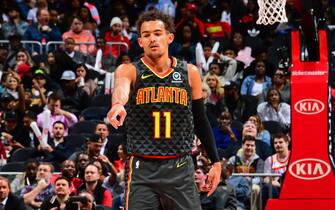ATLANTA, GA - MARCH 9: Trae Young #11 of the Atlanta Hawks reacts to a play during the game against the Charlotte Hornets on March 9, 2020 at State Farm Arena in Atlanta, Georgia.  NOTE TO USER: User expressly acknowledges and agrees that, by downloading and/or using this Photograph, user is consenting to the terms and conditions of the Getty Images License Agreement. Mandatory Copyright Notice: Copyright 2020 NBAE (Photo by Scott Cunningham/NBAE via Getty Images)