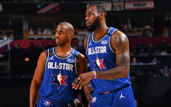 CHICAGO, IL - FEBRUARY 16: Chris Paul #2 and LeBron James #2 of Team LeBron look on during the 69th NBA All-Star Game on February 16, 2020 at the United Center in Chicago, Illinois. NOTE TO USER: User expressly acknowledges and agrees that, by downloading and or using this photograph, User is consenting to the terms and conditions of the Getty Images License Agreement. Mandatory Copyright Notice: Copyright 2020 NBAE (Photo by Jesse D. Garrabrant/NBAE via Getty Images)