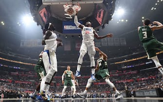 LOS ANGELES, CA - NOVEMBER 6: Patrick Patterson #54 of the LA Clippers dunks the ball against the Milwaukee Bucks on November 6, 2019 at STAPLES Center in Los Angeles, California. NOTE TO USER: User expressly acknowledges and agrees that, by downloading and/or using this Photograph, user is consenting to the terms and conditions of the Getty Images License Agreement. Mandatory Copyright Notice: Copyright 2019 NBAE (Photo by Andrew D. Bernstein/NBAE via Getty Images) 