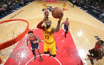 WASHINGTON, DC - FEBRUARY 6:  LeBron James #23 of the Cleveland Cavaliers shoots the ball against the Washington Wizards during the game on February 6, 2017 at Verizon Center in Washington, DC. NOTE TO USER: User expressly acknowledges and agrees that, by downloading and or using this Photograph, user is consenting to the terms and conditions of the Getty Images License Agreement. Mandatory Copyright Notice: Copyright 2017 NBAE (Photo by Ned Dishman/NBAE via Getty Images)
