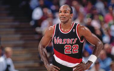 SACRAMENTO, CA - 1991: Clyde Drexler #22 of the Portland Trail Blazers looks on against the Sacramento Kings circa 1991 at Arco Arena in Sacramento, California. NOTE TO USER: User expressly acknowledges and agrees that, by downloading and or using this photograph, User is consenting to the terms and conditions of the Getty Images License Agreement. Mandatory Copyright Notice: Copyright 1991 NBAE (Photo by Rocky Widner/NBAE via Getty Images)