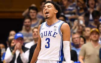 DURHAM, NORTH CAROLINA - MARCH 07: Tre Jones #3 of the Duke Blue Devils reacts during the second half of their game against the North Carolina Tar Heels at Cameron Indoor Stadium on March 07, 2020 in Durham, North Carolina. Duke won 89-76. (Photo by Grant Halverson/Getty Images)