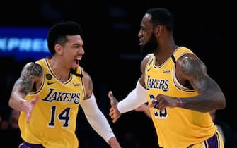 1210907996 LOS ANGELES, CALIFORNIA - MARCH 06: LeBron James #23 of the Los Angeles Lakers celebrates his basket with Danny Green #14 during a 113-103 Laker win over the Milwaukee Bucks at Staples Center on March 06, 2020 in Los Angeles, California. NOTE TO USER: User expressly acknowledges and agrees that, by downloading and or using this photograph, User is consenting to the terms and conditions of the Getty Images License Agreement. (Photo by Harry How/Getty Images)