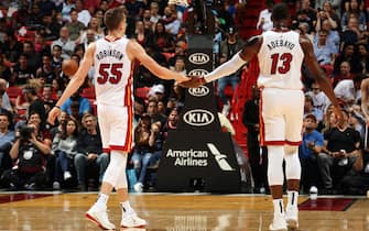 1193936730 MIAMI, FL - JANUARY 15: Duncan Robinson #55 of the Miami Heat and Bam Adebayo #13 high five during the game against the San Antonio Spurs on January 15, 2020 at American Airlines Arena in Miami, Florida. NOTE TO USER: User expressly acknowledges and agrees that, by downloading and or using this Photograph, user is consenting to the terms and conditions of the Getty Images License Agreement. Mandatory Copyright Notice: Copyright 2020 NBAE (Photo by Oscar Baldizon/NBAE via Getty Images)