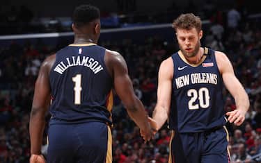MEMPHIS, TN - JANUARY 31: Zion Williamson #1 and Nicolo Melli #20 of the New Orleans Pelicans hi-five during the game against the Memphis Grizzlies on January 31, 2020 at FedExForum in Memphis, Tennessee. NOTE TO USER: User expressly acknowledges and agrees that, by downloading and or using this photograph, User is consenting to the terms and conditions of the Getty Images License Agreement. Mandatory Copyright Notice: Copyright 2020 NBAE (Photo by Joe Murphy/NBAE via Getty Images)