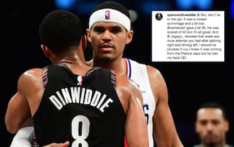 1068988368 NEW YORK, NEW YORK - NOVEMBER 17: Tobias Harris #34 of the LA Clippers hugs Spencer Dinwiddie #8 of the Brooklyn Nets after the game at Barclays Center on November 17, 2018 in New York City. LA Clippers won 127-119. NOTE TO USER: User expressly acknowledges and agrees that, by downloading and or using this photograph, User is consenting to the terms and conditions of the Getty Images License Agreement. (Photo by Sarah Stier/Getty Images)
