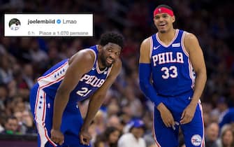 1138983276 PHILADELPHIA, PA - APRIL 23: Joel Embiid #21 and Tobias Harris #33 of the Philadelphia 76ers share a laugh against the Brooklyn Nets in the second quarter of Game Five of Round One of the 2019 NBA Playoffs at the Wells Fargo Center on April 23, 2019 in Philadelphia, Pennsylvania. NOTE TO USER: User expressly acknowledges and agrees that, by downloading and or using this photograph, User is consenting to the terms and conditions of the Getty Images License Agreement. (Photo by Mitchell Leff/Getty Images)