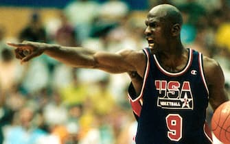 BARCELONA, SPAIN - 1992: Michael Jordan #9 of the United States handles the ball during the 1992 Summer Olympics at the Palau Municipal d'Esports de Badalona in Barcelona, Spain. NOTE TO USER: User expressly acknowledges and agrees that, by downloading and/or using this photograph, user is consenting to the terms and conditions of the Getty Images License Agreement. Mandatory Copyright Notice: Copyright 1992 NBAE (Photo by Andrew D. Bernstein/NBAE via Getty Images)