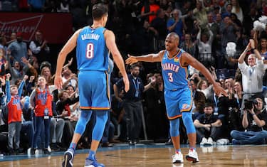 OKLAHOMA CITY, OK- NOVEMBER 15: Chris Paul #3 of the Oklahoma City Thunder and Danilo Gallinari #8 of the Oklahoma City Thunder celebrate after a play during a game against the Philadelphia 76ers on November 15, 2019 at Chesapeake Energy Arena in Oklahoma City, Oklahoma. NOTE TO USER: User expressly acknowledges and agrees that, by downloading and or using this photograph, User is consenting to the terms and conditions of the Getty Images License Agreement. Mandatory Copyright Notice: Copyright 2019 NBAE (Photo by Zach Beeker/NBAE via Getty Images)