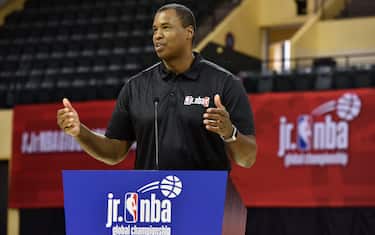KISSIMMEE, FL - AUGUST 04: Former NBA player, Jason Collins speaks to the kids during the Jr. NBA Global Championships - Tip Off Ceremony in Orlando, Florida at the HP Field House on August 4, 2019. NOTE TO USER: User expressly acknowledges and agrees that, by downloading and/or using this photograph, user is consenting to the terms and conditions of the Getty Images License Agreement. Mandatory Copyright Notice: Copyright 2019 NBAE (Photo by Gary Bassing/NBAE via Getty Images)