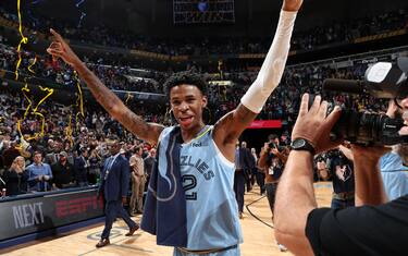 MEMPHIS, TN - NOVEMBER 15: Ja Morant #12 of the Memphis Grizzlies celebrates after the game against the Utah Jazz on November 15, 2019 at FedExForum in Memphis, Tennessee. NOTE TO USER: User expressly acknowledges and agrees that, by downloading and or using this photograph, User is consenting to the terms and conditions of the Getty Images License Agreement. Mandatory Copyright Notice: Copyright 2019 NBAE (Photo by Joe Murphy/NBAE via Getty Images)
