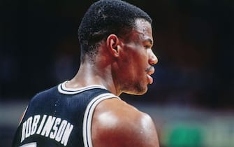 ATLANTA - 1990: David Robinson #50 of the San Antonio Spurs looks on against the Atlanta Hawks during a game played circa 1990 at the Omni  in Atlanta, Georgia. NOTE TO USER: User expressly acknowledges and agrees that, by downloading and or using this photograph, User is consenting to the terms and conditions of the Getty Images License Agreement. Mandatory Copyright Notice: Copyright 1990 NBAE (Photo by Scott Cunningham/NBAE via Getty Images)