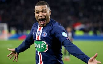 LYON, FRANCE - MARCH 4: Kylian Mbappe of PSG celebrates his third goal during the French Cup semifinal match between Olympique Lyonnais (OL) and Paris Saint-Germain (PSG) at Groupama Stadium on March 4, 2020 in Decines near Lyon, France. (Photo by Jean Catuffe/Getty Images)