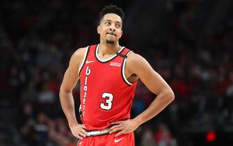 PORTLAND, OREGON - FEBRUARY 23: CJ McCollum #3 of the Portland Trail Blazers reacts in the third quarter against the Detroit Pistons during their game at Moda Center on February 23, 2020 in Portland, Oregon. NOTE TO USER: User expressly acknowledges and agrees that, by downloading and or using this photograph, User is consenting to the terms and conditions of the Getty Images License Agreement. (Photo by Abbie Parr/Getty Images)