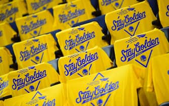 OAKLAND, CA - JUNE 13: A photo of the t-shirts given to fans for Game Six of the NBA Finals on June 13, 2019 at ORACLE Arena in Oakland, California. NOTE TO USER: User expressly acknowledges and agrees that, by downloading and/or using this photograph, user is consenting to the terms and conditions of Getty Images License Agreement. Mandatory Copyright Notice: Copyright 2019 NBAE (Photo by Noah Graham/NBAE via Getty Images)