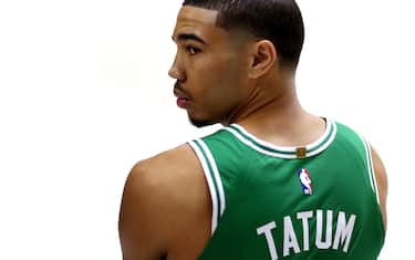 CANTON, MA - SEPTEMBER 24: Jayson Tatum #0 looks on during Boston Celtics Media Day on September 24, 2018 in Canton, Massachusetts. NOTE TO USER: User expressly acknowledges and agrees that, by downloading and/or using this photograph, user is consenting to the terms and conditions of the Getty Images License Agreement.  (Photo by Maddie Meyer/Getty Images)