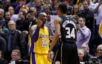 512062526 MILWAUKEE, WI - FEBRUARY 22: Kobe Bryant #24 of the Los Angeles Lakers talks to Giannis Antetokounmpo #34 of the Milwaukee Bucks before the game at BMO Harris Bradley Center on February 22, 2016 in Milwaukee, Wisconsin. NOTE TO USER: User expressly acknowledges and agrees that, by downloading and or using this photograph, User is consenting to the terms and conditions of the Getty Images License Agreement. (Photo by Mike McGinnis/Getty Images) *** Local Caption *** Kobe Bryant; Giannis Antetokounmpo