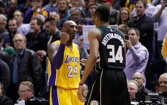 MILWAUKEE, WI - FEBRUARY 22: Kobe Bryant #24 of the Los Angeles Lakers talks to Giannis Antetokounmpo #34 of the Milwaukee Bucks before the game at BMO Harris Bradley Center on February 22, 2016 in Milwaukee, Wisconsin. NOTE TO USER: User expressly acknowledges and agrees that, by downloading and or using this photograph, User is consenting to the terms and conditions of the Getty Images License Agreement. (Photo by Mike McGinnis/Getty Images)  *** Local Caption *** Kobe Bryant; Giannis Antetokounmpo