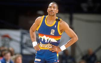 LANDOVER, MD - CIRCA 1989: Alex English #2 of the Denver Nuggets looks on against the Washington Bullets during an NBA basketball game circa 1989 at the Capital Centre in Landover, Maryland. English played for the Nuggets from 1980-90. (Photo by Focus on Sport/Getty Images) *** Local Caption *** Alex English