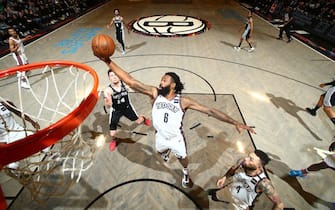 BROOKLYN, NY - MARCH 6:  DeAndre Jordan #6 of the Brooklyn Nets grabs the rebound during the game against the San Antonio Spurs on March 6, 2020 at Barclays Center in Brooklyn, New York. NOTE TO USER: User expressly acknowledges and agrees that, by downloading and or using this Photograph, user is consenting to the terms and conditions of the Getty Images License Agreement. Mandatory Copyright Notice: Copyright 2020 NBAE (Photo by Nathaniel S. Butler/NBAE via Getty Images)