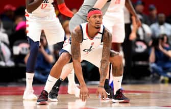 WASHINGTON, DC - FEBRUARY 26: Bradley Beal #3 of the Washington Wizards defends against the Brooklyn Nets during the first half at Capital One Arena on February 26, 2020 in Washington, DC. NOTE TO USER: User expressly acknowledges and agrees that, by downloading and or using this photograph, User is consenting to the terms and conditions of the Getty Images License Agreement. (Photo by Will Newton/Getty Images)